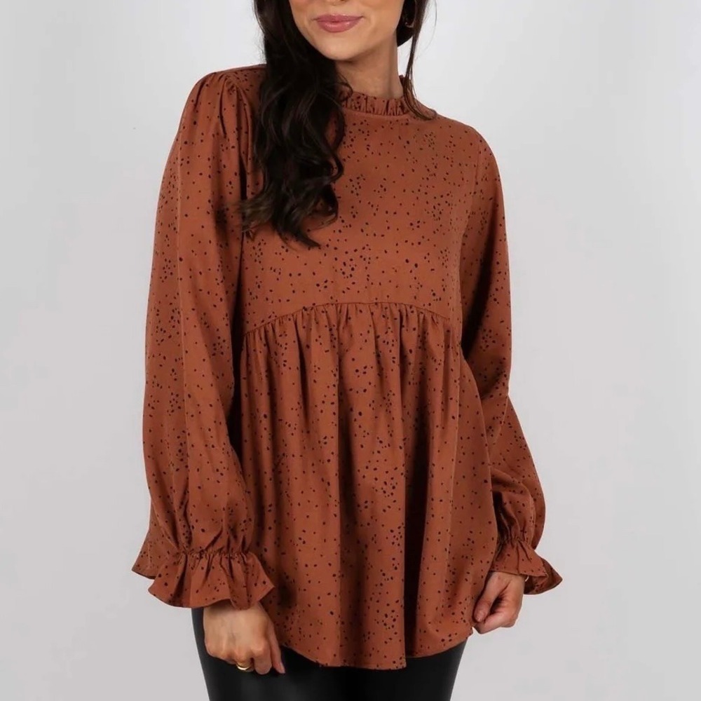 Blushing Brunette Rust‎ Speckled Babydoll Blouse Ruffle Neck Long Sleeve S Fall